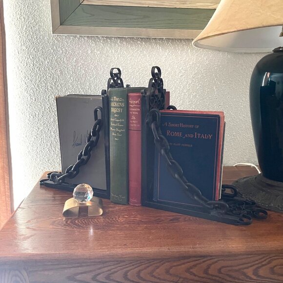 Vtg Victorian Unique Pair Steampunk Gothic Black Heavy Metal Chain Bookends Rare - Picture 6 of 7